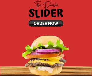 A close-up image of a Double Slider burger, featuring two beef patties, lettuce, tomato, onion, and a slice of cheese, set against a vibrant red background with an 'Order Now' button.