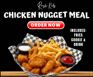 A kid's chicken nugget meal featuring crispy chicken nuggets served with fries, a cookie, and drink options, all presented in a basket.