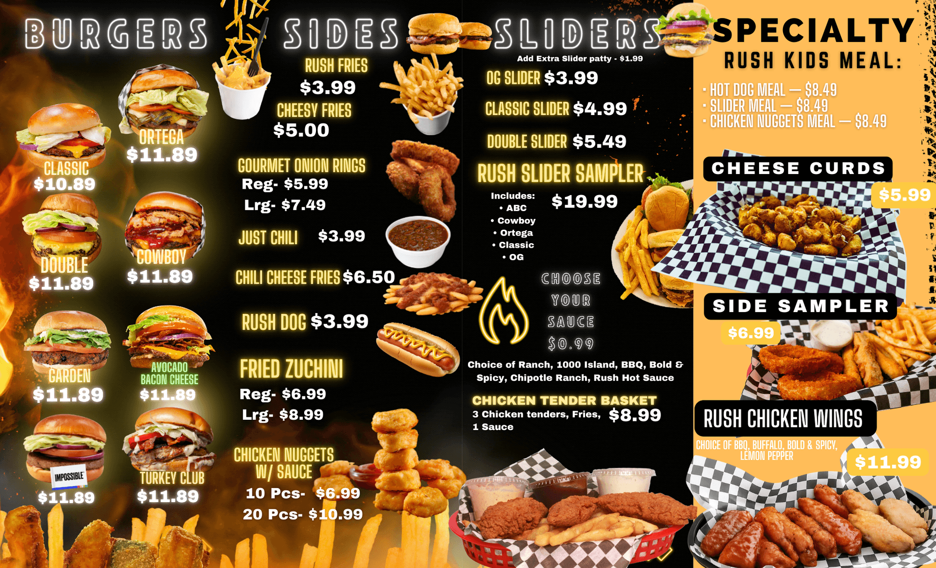 A vibrant menu showcasing a variety of burgers, sides, and sliders at Burger Rush, including prices and specialty items.