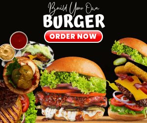 An advertisement for building your own burger featuring various burger types, fresh ingredients like lettuce and pickles, and a call to action to order now.
