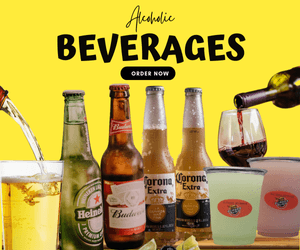 A vibrant display of alcoholic beverages including bottled beers, a wine glass, and cocktails against a bright yellow background, with the text 'Alcoholic BEVERAGES ORDER NOW' prominently featured.