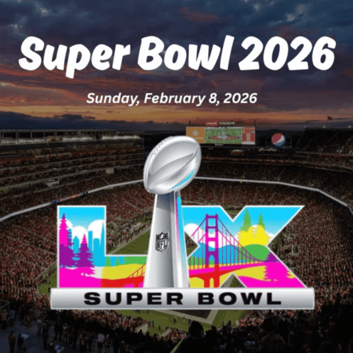 Graphic promoting Super Bowl 2026, featuring the date Sunday, February 8, 2026, with a colorful logo and a stadium filled with fans.