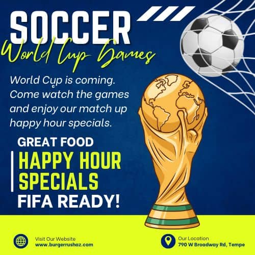 Promotional graphic for Soccer World Cup games featuring a trophy, a soccer ball, and text highlighting happy hour specials and FIFA readiness.